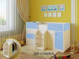 Кровать-чердак Малыш-4 Дуб молочный/Голубой в Черлаке - cherlak.katalogmebeli.com | фото 1